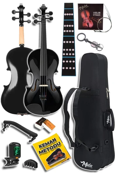 Midex HGA44BK-PAK Full Siyah Set Keman 4/4 (Yastık Tuner Susturucu Yedek Tel Reçine Çanta Yay) - Resim 4