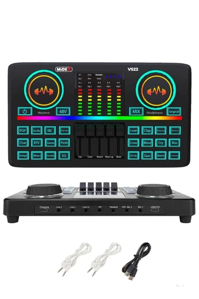 Midex VS22 Üst Seviye Stüdyo Kayıt Canlı Yayın Şarjlı Ses Kartı Efektli Radyo Mikseri (Telefon ve PC Podcast) - Resim 2