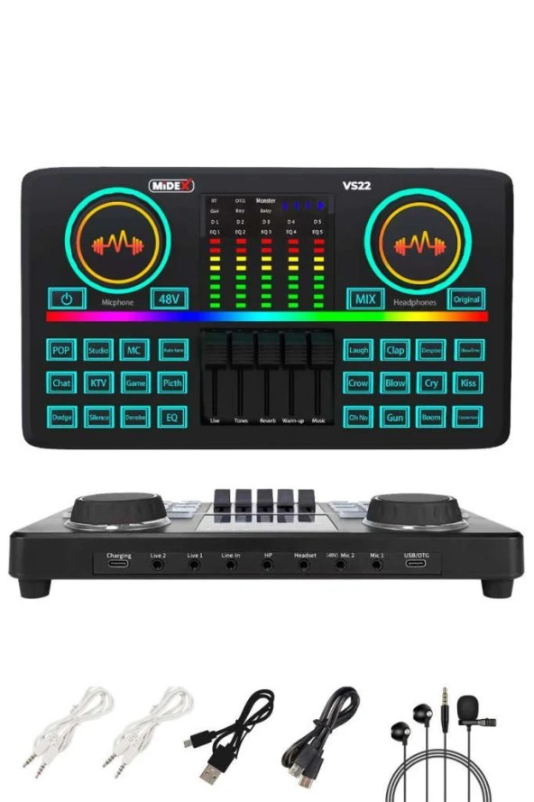 Midex VS22 Üst Seviye Stüdyo Kayıt Canlı Yayın Şarjlı Ses Kartı Efektli Radyo Mikseri (Telefon ve PC Podcast) - Resim 2