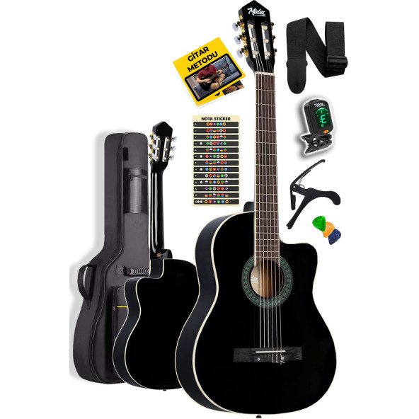 Midex MGX-100BK-BAG Üst Seviye Klasik Gitar 4/4 Sap Ayarlı Gül Klavye (Tuner Çanta Askı Capo Metod Pena)