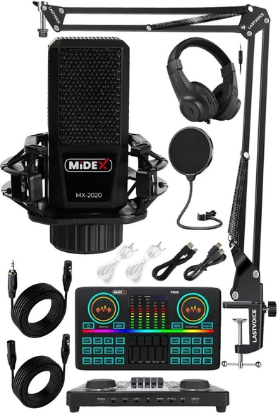 Midex MX-2020 Effective Set Efektli Ses Kartı Mikrofon Kulaklık Stand Kayıt Canlı Yayın Seti (PC ve Telefon) ürün görseli 1