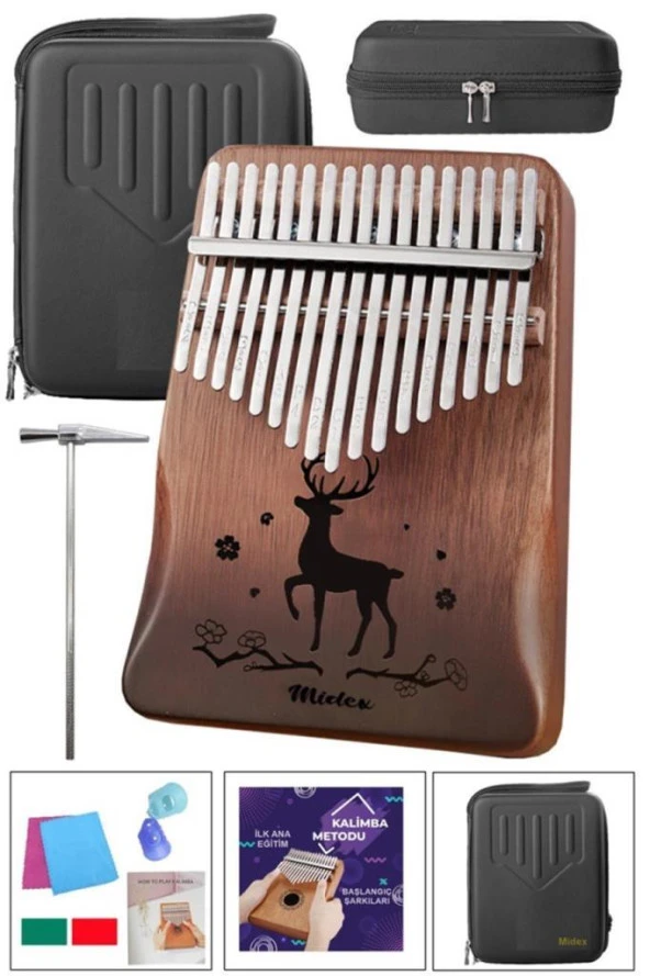 Midex KLX-521CS GİGBAGLİ Hakiki Ağaç Kalimba Geyik Desenli Full Set 17 Tuş