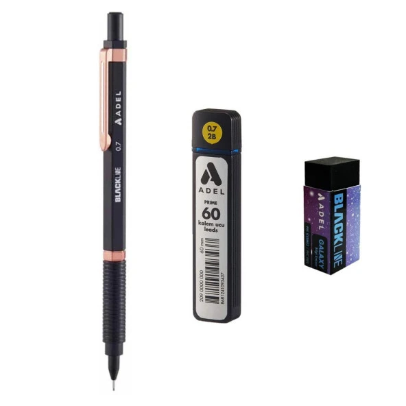 Adel Blackline Metal Gövdeli Versatil Kalem 0.7 Mm SİYAH-ROSE + Prıme 0,7 Uç 60lı + Silgi ürün görseli