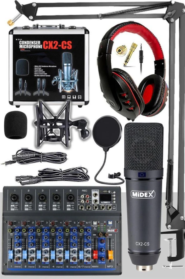 Midex Wizard Paket-4 CX2 Stüdyo Mikrofon MDX-07FXU Stüdyo Kayıt Mikseri Kulaklık Ekipman Seti