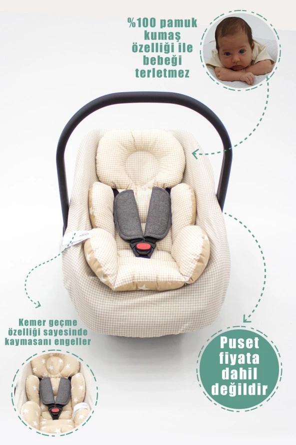 Ortopedik Bebek Puset Minderi Ve Çarşaf, Pamuklu Kumaş, Ekose Serisi