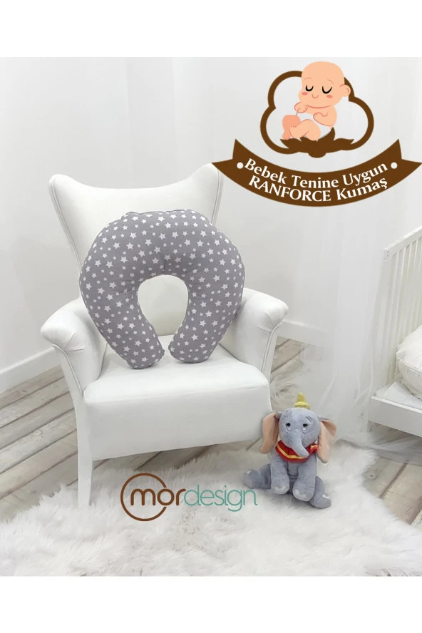 Çift Taraflı Emzirme Yastığı /bebek Destek Minderi, Hamile Yastığı, Pamuklu Kumaş, Stars Desen, Gri - 2