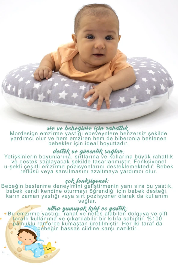 Çift Taraflı Emzirme Yastığı /bebek Destek Minderi, Hamile Yastığı, Pamuklu Kumaş, Stars, Antrasit - 5