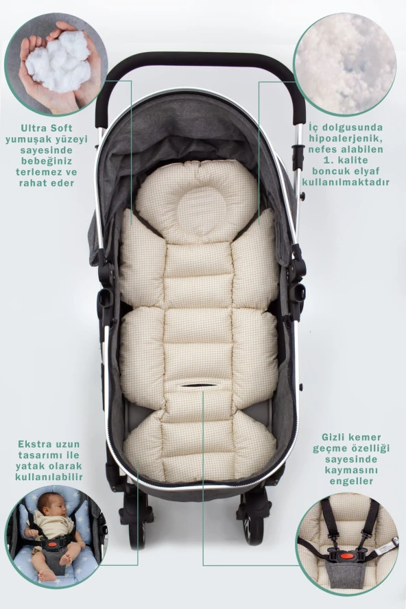 Bebek Arabası Minderi, Bel Destekli, Ekose Desen, Çift Taraflı, Kahverengi