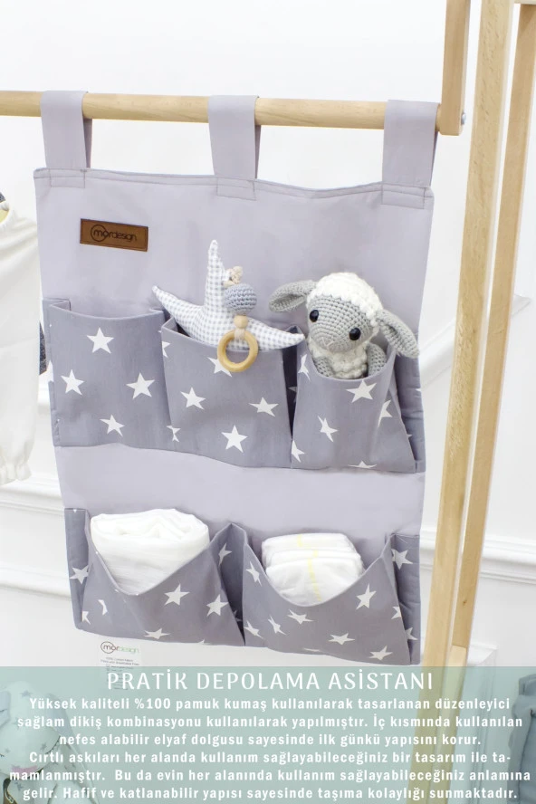 Beşik Yanı Düzenleyici 5 Cepli Bebek Odası Organizeri Cırtlı Askılı ToparlayıcıSvalbard Serisi