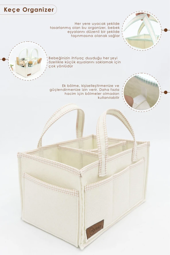 3'lü Bebek Bakım Seti; Keçe Anne Bebek Organizeri, Su Geçirmez Alt Değiştirme Pedi, Alt Açma Çantası - 2