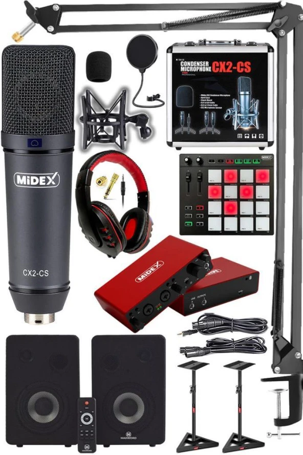 Midex Wizard Paket-5 Stüdyo Ekipmanları Seti (Monitör Mikrofon Ses Kartı Kulaklık Midi Pad Controller)