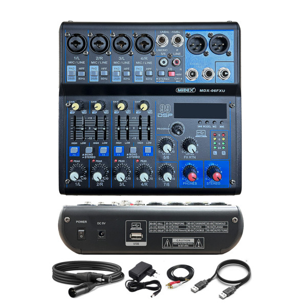 Midex MDX-06FXU Ses Mikseri Stüdyo Kayıt İçin 6 Kanal Ses Kartlı 99 DSP Efektli (+48V-USB-Bluetooth)