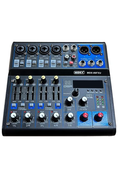 Midex MDX-06FXU Ses Mikseri Stüdyo Kayıt İçin 6 Kanal Ses Kartlı 99 DSP Efektli (+48V-USB-Bluetooth) - Resim 3