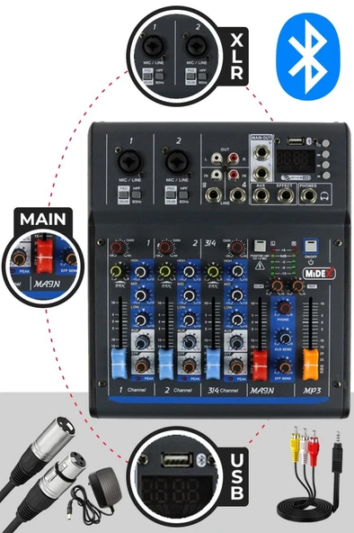 Midex MDX-45S Ses Mikseri Stüdyo Kayıt İçin 4 Kanal Ses Kartlı +48V Phantomlu Kayıt Mikseri - Resim 2