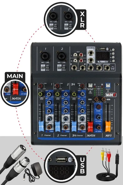 Midex MDX-45S Ses Mikseri Stüdyo Kayıt İçin 4 Kanal Ses Kartlı +48V Phantomlu Kayıt Mikseri ürün görseli 1