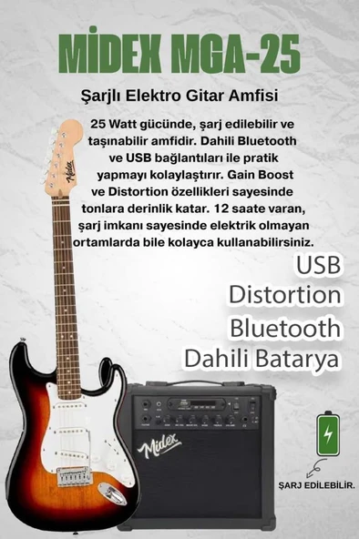 Midex RPH-30SB-25AMP Gül Klavye SSS 25W Amfili Elektro Gitar Seti - Resim 2