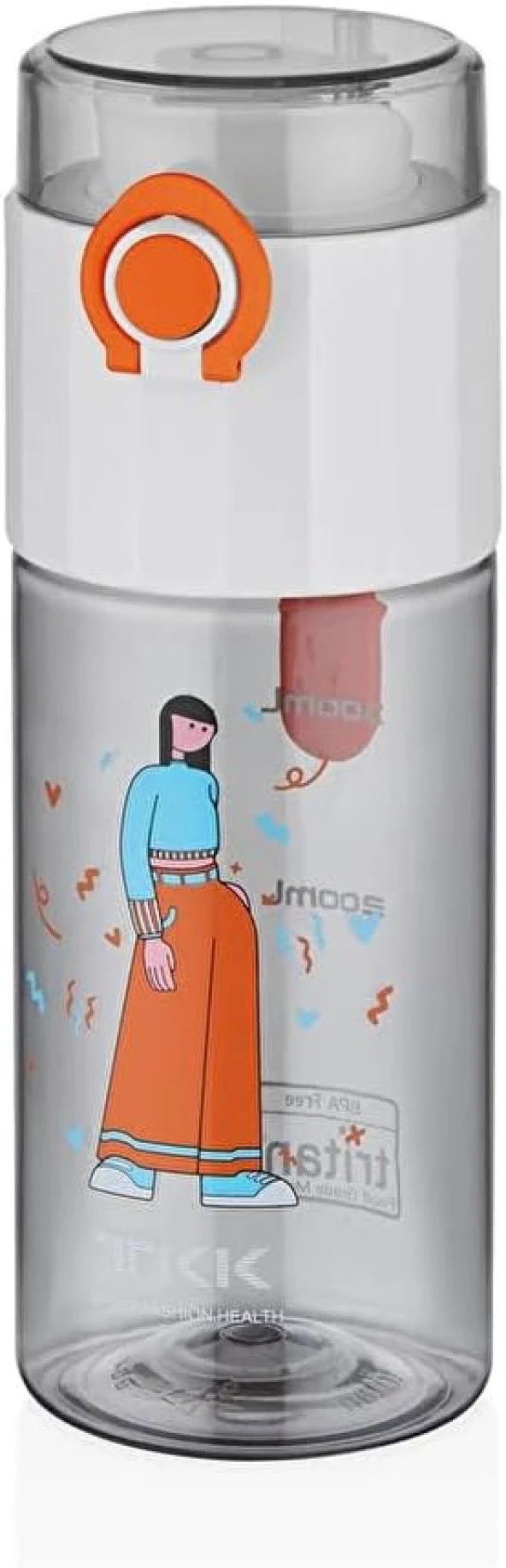 Vagonlife TKK T-1013 500ml Rahat İçim Kilitli Kapaklı Desenli Pipetsiz Süzgeçli Tritan Matara (Beyaz)