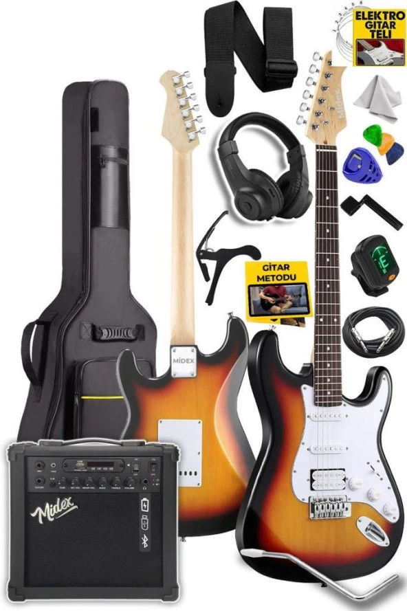 Midex RPH-30SB-25AMP Sunburs 25 Watt Şarjlı Bluetoothlu Amfili Elektro Gitar Seti Full