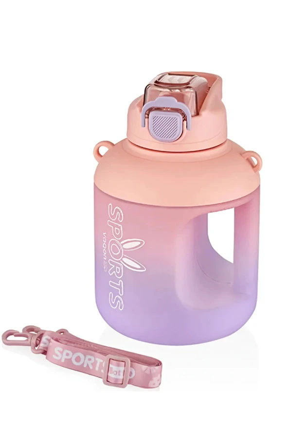 Vagonlife 1100 Ml Çift Renk Pipetli Taşıma Askılı ve kulplu Motivasyon Su Matarası Sticker Hediyeli vgn2302-PEMBE