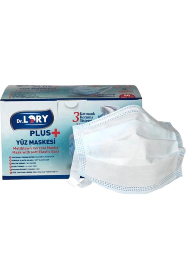 Dr. Lory 3 Katlı Burun Telli Plus Meltblown Ultrasonik 50 Adet Cerrahi Maske