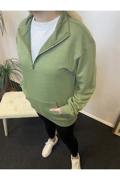 Kadın 3 iplik Yarım Fermuarlı Kanguru Çepli Sweatshırt spr24swk22 - 9