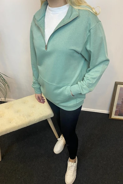 Kadın 3 iplik Yarım Fermuarlı Kanguru Çepli Sweatshırt spr24swk22 - 11