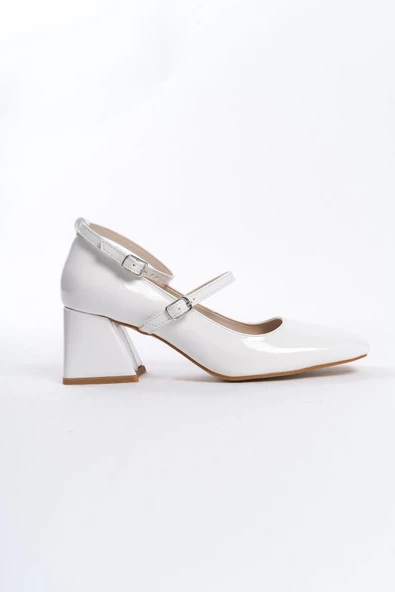 Kulia Beyaz Rugan Mary Jane Kalın Topuklu Küt Burun Bantlı Ayakkabı - Resim 4