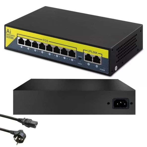 PrimeX PX-1010B 8 Port 10/100M POE Switch, ip Kamera Poe Switch anahtarı-(4 + 2) 100m iletim mesafesi, 8*10/100mbps POE bağlantı noktası,  2*10/100mbps uplink portu - 4