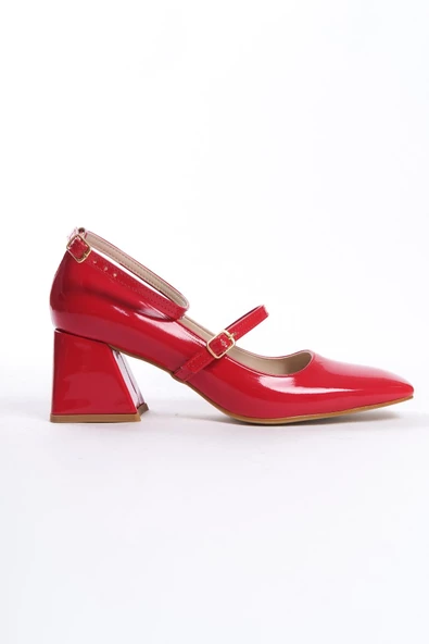 Kulia Kırmızı Rugan Mary Jane Kalın Topuklu Küt Burun Bantlı Ayakkabı - Resim 4