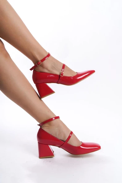 Kulia Kırmızı Rugan Mary Jane Kalın Topuklu Küt Burun Bantlı Ayakkabı - Resim 3