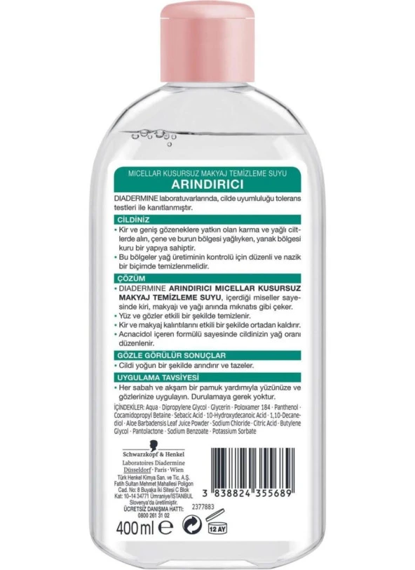 Diadermine 400 Ml Karma ve Yağlı Ciltler Arındırıcı Micellar Kusursuz Makyaj Temizleme Suyu