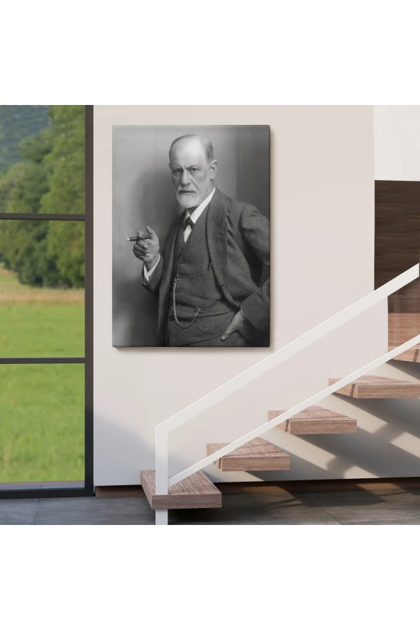 Sigmund Freud Elinde Puro ile Siyah Beyaz Fotoğrafı Kanvas Tablo - 2