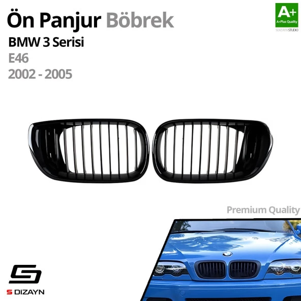 S-Dizayn Bmw 3 Serisi E46 Ön Panjur Böbrek Parlak Siyah Piano Black Düz Model 2002-2005 - Resim 2