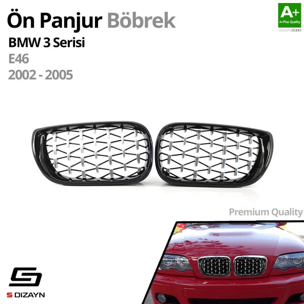 S-Dizayn Bmw 3 Serisi E46 Ön Panjur Böbrek Parlak Siyah Çerçeveli Krom Diamond Model 2002-2005 - Resim 2