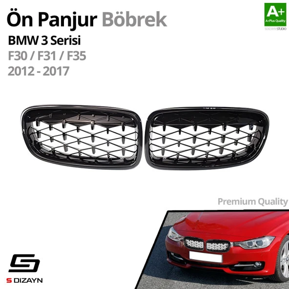 S-Dizayn Bmw 3 Serisi F30/F31/F35 Ön Panjur Böbrek Parlak Siyah Piano Black Diamond Model 2012-2017 - Resim 2