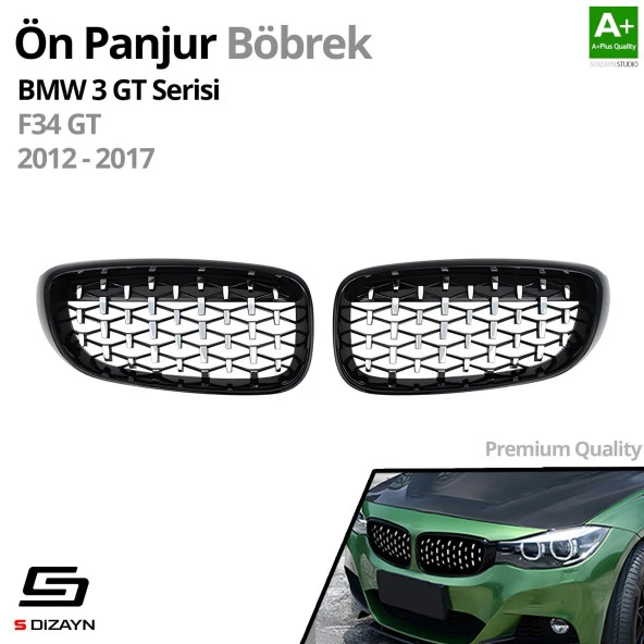 S-Dizayn Bmw 3 Serisi GT F34 GT Ön Panjur Böbrek Parlak Siyah Çerçeveli Krom Diamond Model 2012-2017 - 2