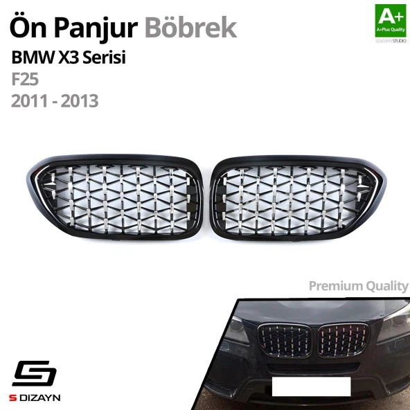 S-Dizayn Bmw X3 F25 Ön Panjur Böbrek Parlak Siyah Çerçeveli Krom Diamond Model 2011-2013 - 2