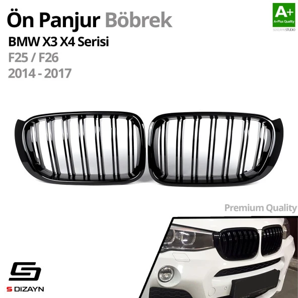 S-Dizayn Bmw X3-X4 F25/F26 Ön Panjur Böbrek Parlak Siyah Piano Black M X3X4 Model 2014-2017 - Resim 2