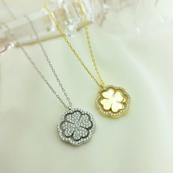 Vaoov 925 Ayar Gümüş Altın Kaplama Dönen Yonca Kolye - Resim 7