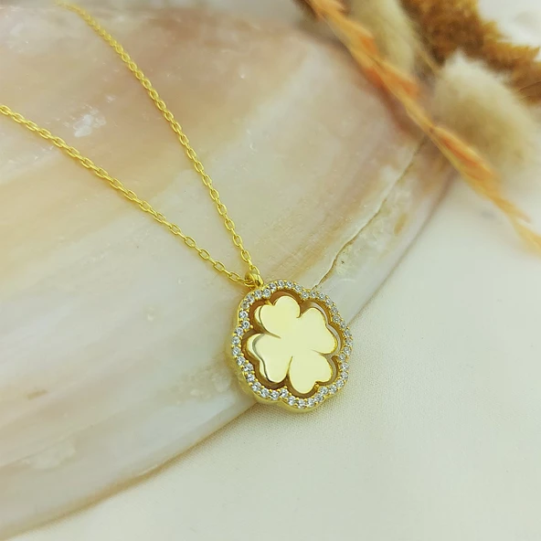 Vaoov 925 Ayar Gümüş Altın Kaplama Dönen Yonca Kolye - Resim 6