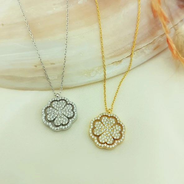 Vaoov 925 Ayar Gümüş Altın Kaplama Dönen Yonca Kolye - Resim 8