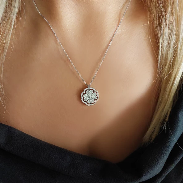 Vaoov 925 Ayar Gümüş Rodyum Kaplama Dönen Yonca Kolye - Resim 4