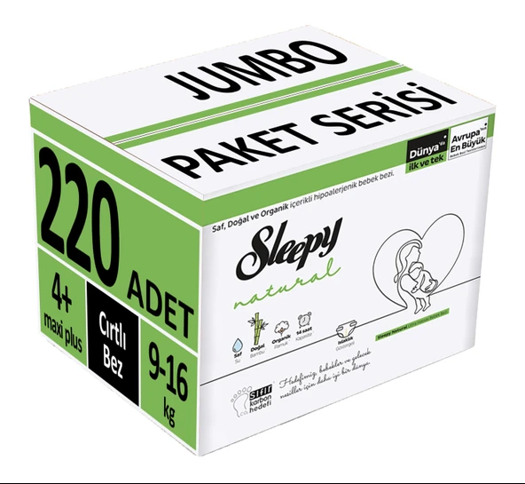 Sleepy Bebek Bezi Natural Beden:4+ (9-16Kg) Maxi Plus 220 Adet Mega Fırsat Pk (5PK*44)