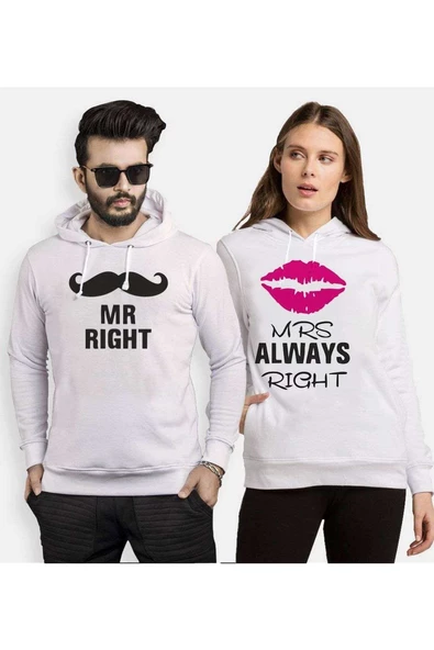 Tshirthane Mr..Right Mrs.. Always Right  Sevgili Kombinleri Kapüşonlu Kombini