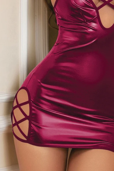 Phevos Boyundan Bağlamalı Dekolteli Deri Elbise-049-19524 - Resim 12