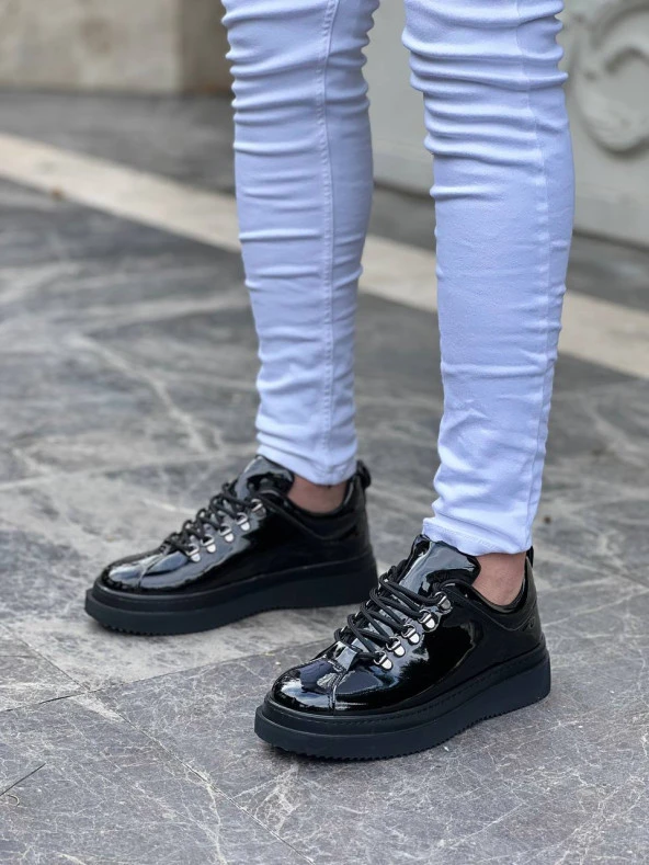 KB-X4 Siyah Rugan Siyah Yüksek Taban Bağcıklı Günlük Erkek Ayakkabı - Resim 3