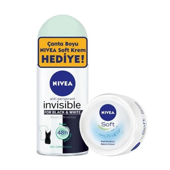 Nivea Roll on Fresh Invisible Black White Bayan 50 ml + Soft Krem 50 ml