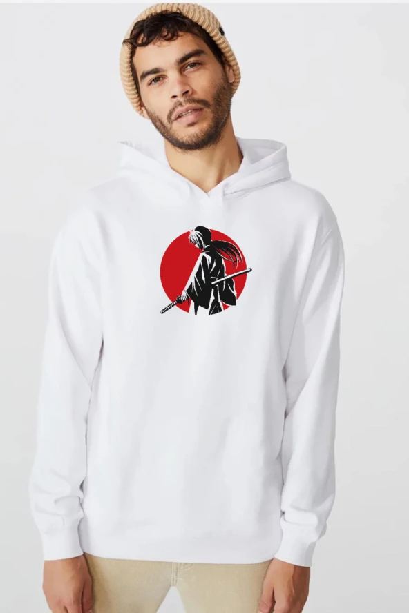 Rurouni Kenshin Samurai Logo Beyaz Erkek 3ip Kapşonlu  Sweatshirt