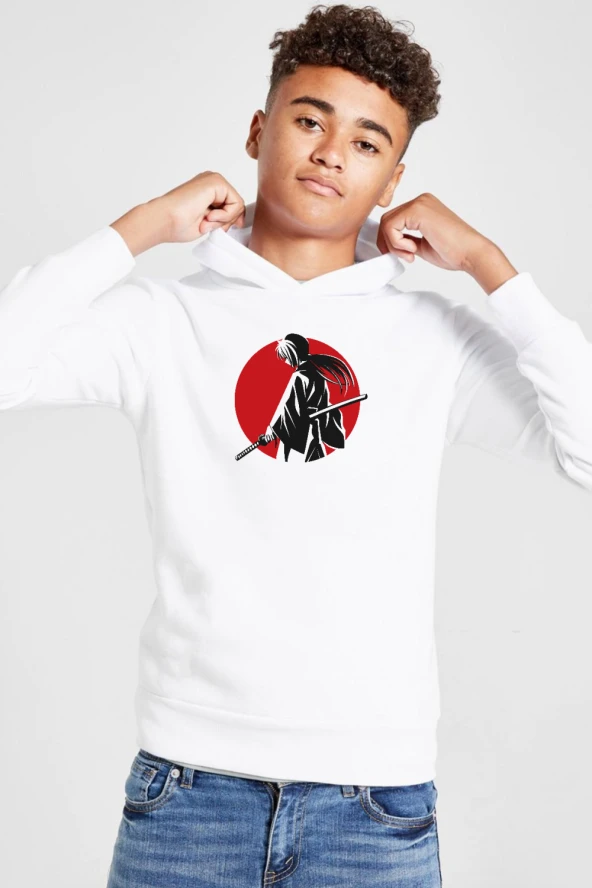 Rurouni Kenshin Samurai Logo Beyaz Çocuk 3ip Kapşonlu  Sweatshirt