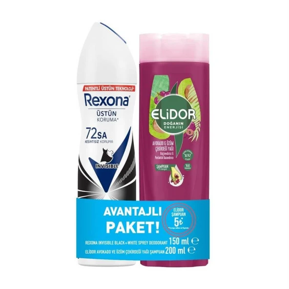 Rexona Invisible Black&White Deo + Elidor Güçlü Sa